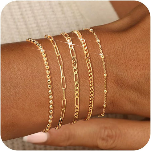 adoyi Gold Bracelets for Women, 14K Gold Plated Bracelet Stack Set Adjustable Stackable Bracelets Paperclip Chain Cuban Link Layered Waterproof Go...