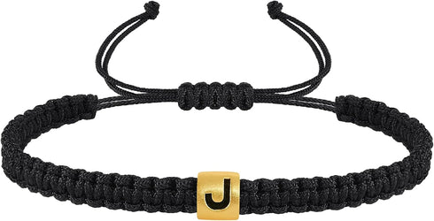 Initial Bracelets for Women Men Woven Rope Braided Letter Bracelet Gold 26 Alphabet Handmade Adjustable Black String Bracelet Jewelry Gifts - A...