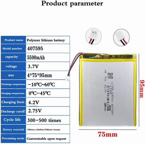 3.7V 407595 5500mAh Lithium Polymer ion Battery Rechargeable Polymer Battery Pack with JST 2.0mm Connector...