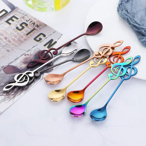 Coffee Spoons Tea Dessert Espresso Musical Note Stainless Steel 304 Long Handle Black Rose Gold Blue Purple Rainbow Silver Megic Red Set of 8...