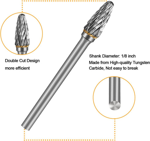 Carbide Burr Set Die Grinder Bits Rotary Tool Bits 1/8" Shank 10 PC Double Cut Wood Carving Accessories Cutting Burrs Metal Grinding Engraving Pol...