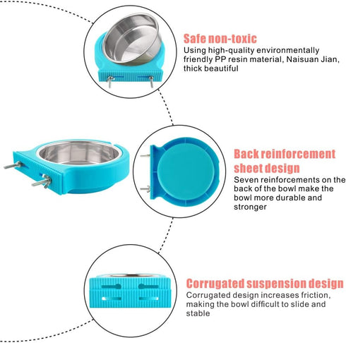 Crate Dog Bowl Removable Stainless Steel Water Food Feeder Bowls Cage Coop Cup for Cat Puppy Bird Pets (Large, Blue with Corrugated Clip)...