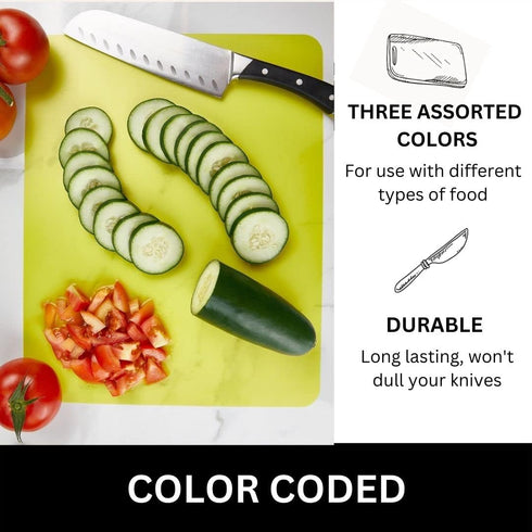 Nicole Home Collection Flexible Cutting Mats Set of 3 - BPA-Free Plastic Color-Coded Kitchen Chopping Boards, 12"x15", Durable Non-Slip Mats for M...