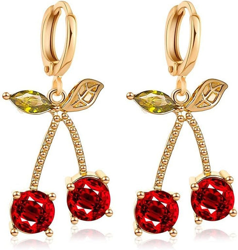 Pingyongchang Unique Chic Charm Sparkly Red Crystals Cherry Statement Earrings Necklace Sets Green Leaf Red Rhinestones Fruit Cherry Dangle Earrin...