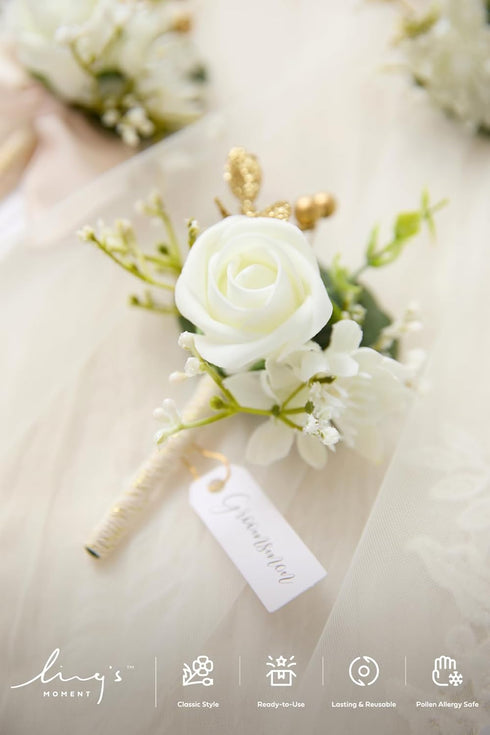 Ling's Moment Boutonniere for Men, 6pcs Groom Groomsmen Boutonniere, Artificial Flowers for Wedding Decor/Prom/Homecoming, etc.White Baby Breath I...
