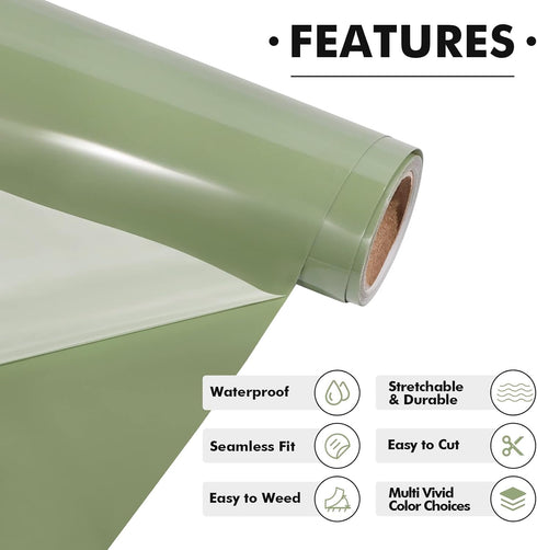 Gatichetta Heat Transfer Vinyl Roll, Khaki Green Iron on HTV 12" x 6FT, Smooth PU HTV for T-Shirts, Fabris, DIY Designs...