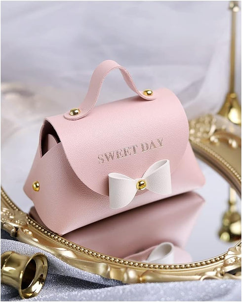 CheeseandU 6 Pack Exquisite Simple Bowknot Handbag with Handle Gift Box Beautiful Pink Leather Gift Bags with White Bow Decor Wedding Candy Box Bi...
