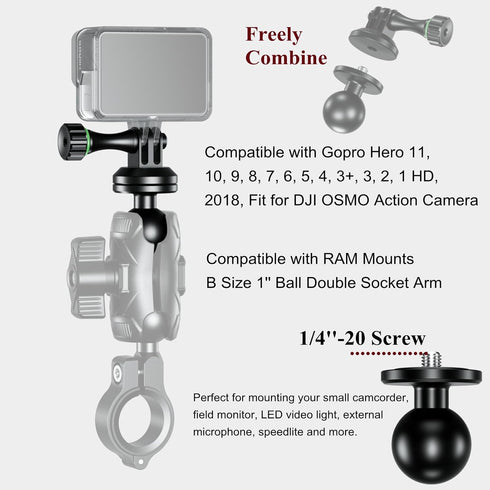 BRCOVAN Aluminum Alloy Tripod Mount Adapter with 1'' Ball & Camera 1/4"-20 Thread, Compatible with RAM Mounts B Size 1 Inch Ball Double Socket Arm...