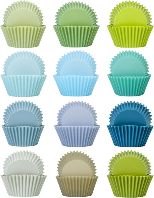 qiqee 24-Packs Reusable Silicone Cupcake Liners 12 Solid Morandi Green Blue Colors Cupcake Baking Cups Silicone Muffin Liners (12 Colors)...
