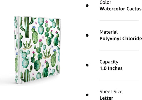 3 Ring Binder I Inch, Cute Round Three Ring Binder Organizer with 2 Storage Pockets for Women - Watercolor Cactus...
