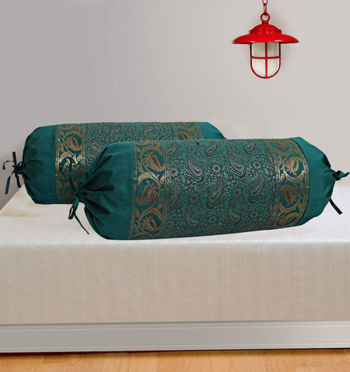 Ethnic Jacquard Brocade Silk Bolster Cushion Covers Paisley Emerald Green Yoga Massand Living Room Decorative Cylindrical Hotdog Traditional Throw...