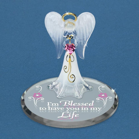Glass Baron Angel 'I'm Blessed' - Angel Heart Figurine - White, Pink, Clear - Modern - Mirrored Base...