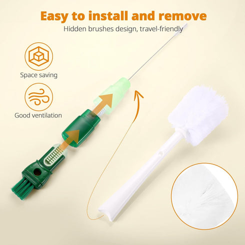 OUTXE 5 Pack Bottle Brush Set, 5-in-1 Water Bottle Cleaner Brush, 15" Long Handle Bottle Cleaning Brush, 3 Straw Brush, Removable Nipple Brush, De...