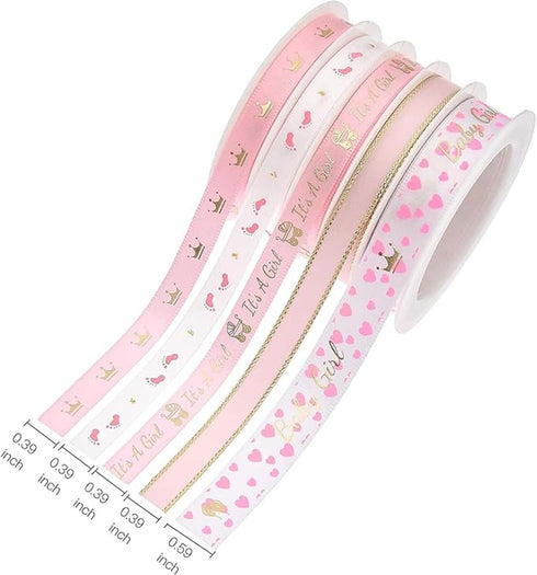 LaRibbons 5 Rolls Baby Girl Light Pink Satin Ribbon for Gift Wrapping, Craft Ribbon for Baby Shower, Birthday, Wreath, Party Decoration, 5Yards/Ro...
