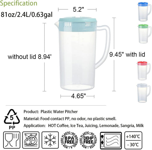 0.63 Gallon/2.4 Litre Plastic Pitcher with Lid BPA-FREE Eco-Friendly Carafes Mix Drinks Water Jug for Hot/Cold Lemonade Juice Beverage Jar Ice Tea...