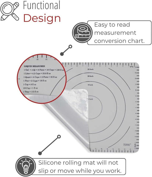 Silicone Rolling Mat - Premium Kitchen Pastry Mat for Rolling and Baking Prep - Great for Making Dough, Pastries, Pizza and Pie...
