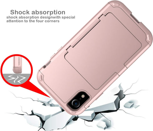 iPhone XR Wallet Case, Shockproof Heavy-Duty Hybrid Cover with Card Slot, Mirror & Kickstand, 6.1 Inch - Rose Gold...