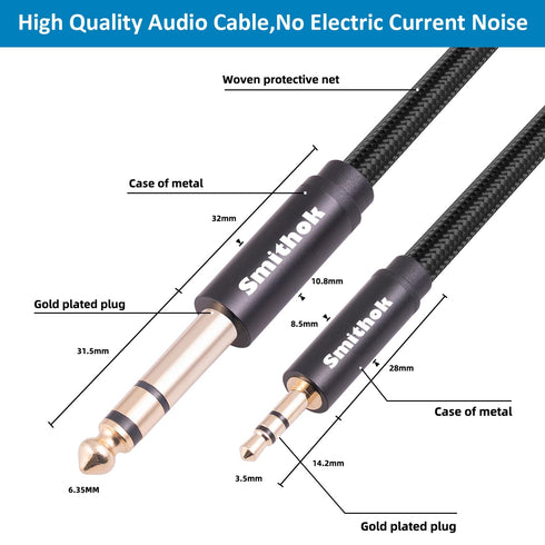 2pack 1/8 to 1/4 Stereo Audio Cable,6.35mm 1/4" Male to 3.5mm 1/8" Male TRS Bidirectional Stereo Audio Cable for Guitar, Laptop, Home Theater Devi...