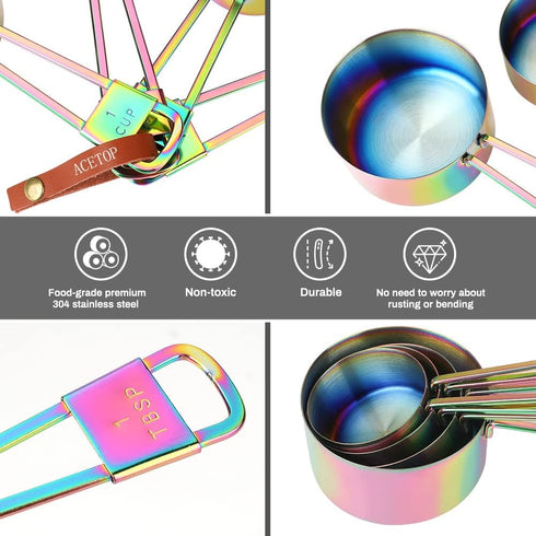 9 Pcs Measuring Spoons and Cups Set Stackable Stainless Steel Measuring Cups and Spoons Rainbow with Engraved Measurements for Cooking, Mixing, Ba...