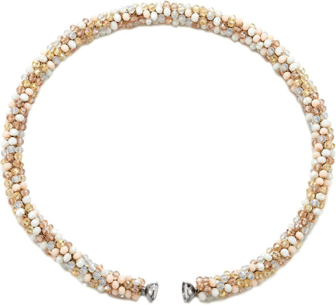 COOLSTEELANDBEYOND Gold Cream White Beads Crystal Statement Necklace Braided Chain Choker Magnetic Clasp...