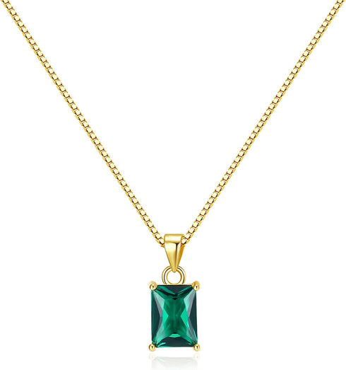 espere Baguette CZ Pendant Necklace | 14K Gold Plated Sterling Silver | Emerald Baguette Pendant Dainty Box Chain Necklace 18''...