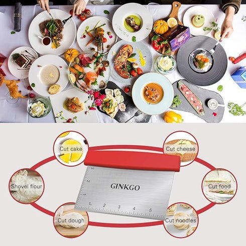 GINKGO Bench Dough Scraper Chopper Stainless Steel Kitchen Utensil Multipurpose Pastry/Food Cutter Scraper Tool for Cake, Pizza, Bread, BBQ - Red...