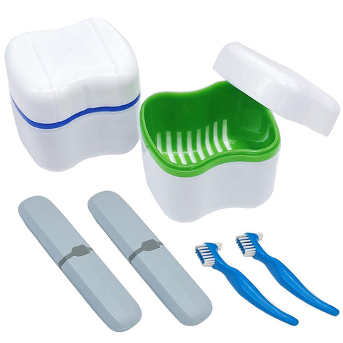 Denture Cup Kit, 2 Denture Case with 2 Denture Toothbrush & 2 Portable Toothbrush Box, Denture Cups for Soaking Dentures, Denture Cleaning Kit for...