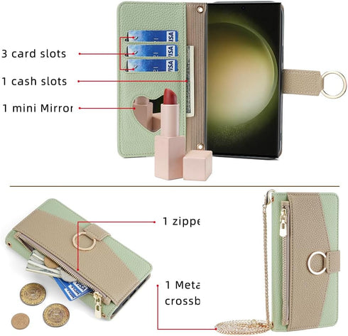 Asuwish Phone Case for Samsung Galaxy S23 Ultra 5G Wallet Cover with Screen Protector and Mirror Flip Cover Ring Card Holder Crossbody Strap Cell ...