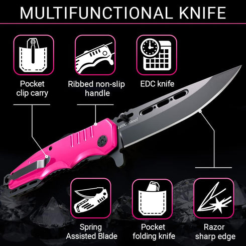 Spring Assisted Pink Knife - Pocket Knife for Women - Self Defense Knife for Women - Pink Knives - Cute Womens Girl Knife - Womens Folding Knife -...