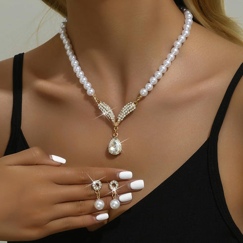 Pearl Bride Wedding Jewelry Set Pearl Bridal Necklace Bracelet Earrings Sets Rhinestone Choker Necklace Prom Costume Jewelry Set for Brides Brides...