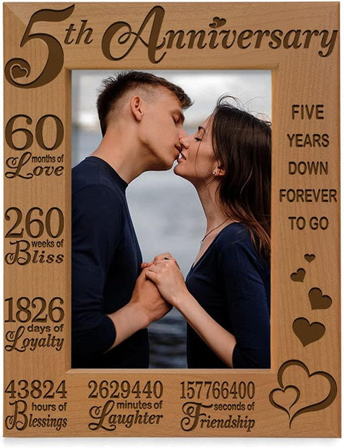 KATE POSH 5th Anniversary Engraved Natural Wood Picture Frame and Gifts, 5th Wood Wedding Anniversary (5x7-Vertical)...