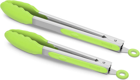 Premium Silicone Set of 2 Cooking Tongs, 9-Inch & 12-Inch BPA Free Non-Stick Stainless Steel BBQ Grilling Locking Food Tong, Light Green...