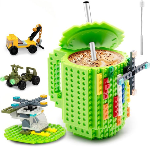 Fubarbar Novelty Coffee Mugs- Kids Brick Gaming Mug Building Head Cup with Straw, Funny Xmas/Birthday Gift For Men, Women, Kids (Green)...