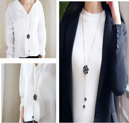 Cathercing Rhinestone Black Rose Pendant Long Necklace for Women Sweater Chain Statement Necklace Choker Adjustable Elegant Jewelry Crystal Access...