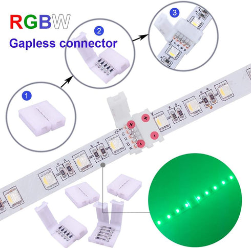 12MM 5PIN RGBW LED Strip Connector Kit with 16.4FT Extension Cable,4PCS Gapless Connectors,5 pin Male Connector Wire Cable,L-Shape Connectors,Stri...