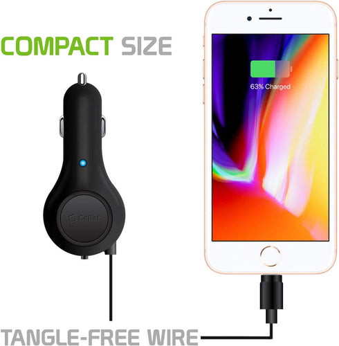 Cellet Retractable iPhone Car Charger with Lighting Cable (Apple MFI Certified) 10-Watt Compatible with iPhone 14 Pro Max Plus Mini SE 13 12 11 Xr...