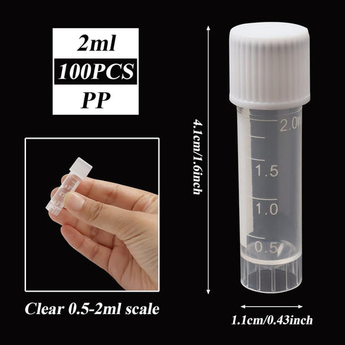100 Pack 2ml Plastic Vials Self Standing Cryogenic Vial Lab Small Lab Vial Plastic Vial Seal Cap Container for Laboratory School...