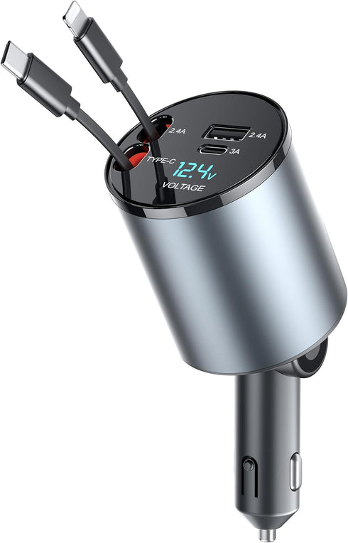 Retractable Car Charger, 4 in 1 Fast Charge Car Phone Charger, Retractable Cables and 2 USB Ports, Car Charger Adapter for iPhone 15/14/13/12 Pro ...