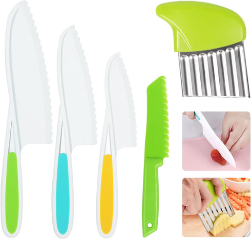 Kids Knife Set 5 Pcs Toddler Safe Knives Plastic Child Friendly Knife with Crinkle Cutter BPA-Free Serrated Edges Kitchen Tools for Real Cooking a...