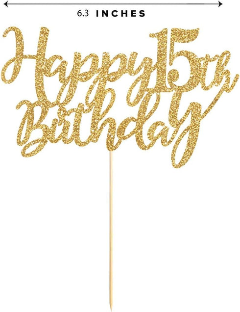 Gold Glitter Happy 15th birthday cake topper, Gold 15 years old birthday party decorations, girl or boy birthday cake toppers...