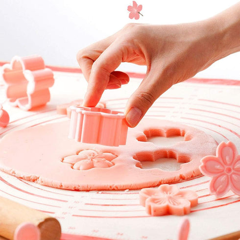 Pastry/Cookie/Fondant Stamper, 2-Inch Press Cookies Mold with 4 Stamps Pink Cherry Blossom Shape Flower Hand Pressure Pastry Tool Fondant Cutters ...