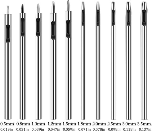 10 Pcs Leather Hole Punch Cutter 0.5mm-3.5mm Hollow Punch Set for Leather Crafting Round Hollow Tools for Watch Bands Belts Canvas Paper Rubber So...