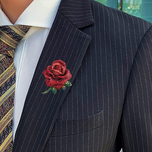 Rhinestone Rose Flower Brooch Pin for Women Men Fashion Red Green Crystal Big Leaf Brooch Lapel Pins Elegant Dress Accessories Jewelry Boutonniere...