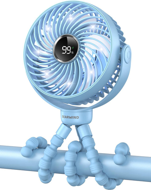 Portable Stroller Fan for Travel, LED Night Light Clip on Fans Operated by Rechargeable Battery, Cordless Fan with Tripod Car Seat Baby Pram (Blue...