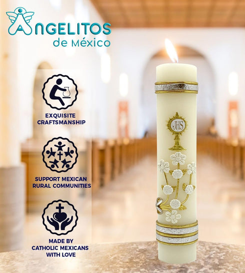 Angelitos de Mexico First Communion Prayer Candle Adorned with The Holy Spirit Dove A Blessed Mass Religious Keepsake...