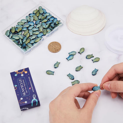 SUNNYCLUE 1 Box 100Pcs Fish Beads Bulk Glass Fish Beads Small Fish Charms Double Sided Blue Fishes Beads Electroplated Frosted Summer Sea Animals ...