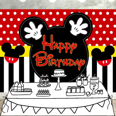7x5FT Mickey Birthday Backdrop Happy Birthday Dots Photography Background Banner for Kids Boy Mouse Themed 1st 2nd 3rd 4th 5th Birthday Party Supp...