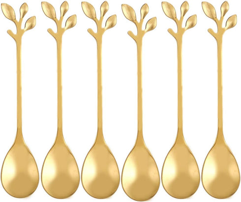 12 pcs Stainless Steel Gold Leaf Coffee Spoon Creative Tableware Dessert Spoons,Tea Sugar Spoons Spoon Set for Ice Cream or Cake, Tea Spoon Set (G...