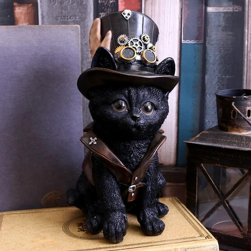 Nemesis Now Cogsmith's Steampunk Cat Adorable Black Cat with Leather Top Hat and Waistcoat, Hand-Painted Resin Figurine, Perfect for Steampunk Col...