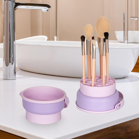 Makeup Brush Cleaning Mat, 3 in 1 Silicone Makeup Brush Cleaner Bowl with Drying Holder, Limpiador De Brochas De Maquillaje, Portable Cosmetic Bru...